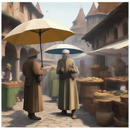 A detailed image of a medieval peasant interacting with a merchant in a bustling marketplace