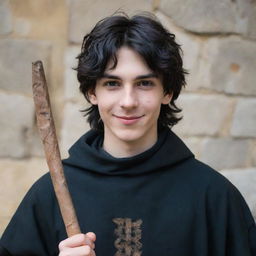 An 18-year-old boy with a pointed nose, wavy black hair covering his neck, black eyes, an evil mischievous smile and a straight scar on his lip. He is dressed in medieval adventure attire, holding a magician's staff.