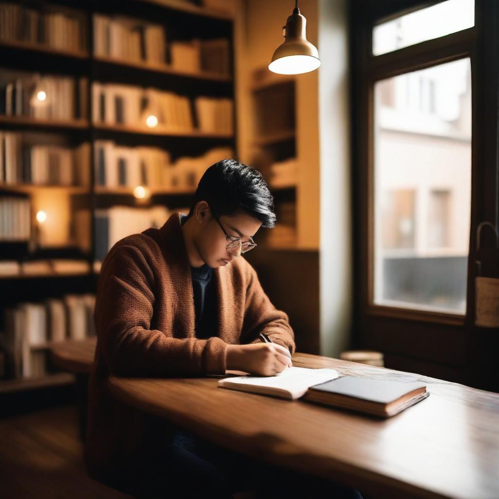 A cozy coffee shop with a person sitting at a wooden table, writing a poem in a notebook