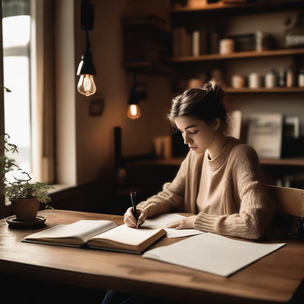 A cozy coffee shop with a person sitting at a wooden table, writing a poem in a notebook