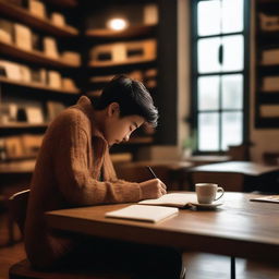 A cozy coffee shop with a person sitting at a wooden table, writing a poem in a notebook