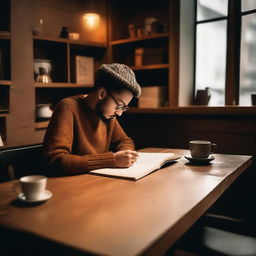 A cozy coffee shop with a person sitting at a wooden table, writing a poem in a notebook