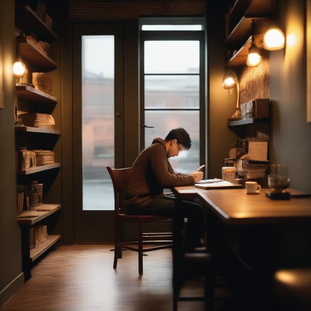 A person sitting alone in a cozy coffee shop, writing poems in a notebook