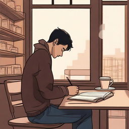 A person sitting alone in a cozy coffee shop, writing poems in a notebook