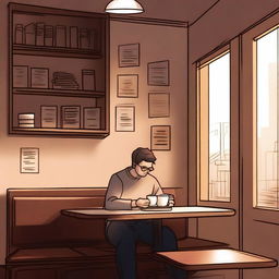 A person sitting alone in a cozy coffee shop, having a conversation with someone on their phone