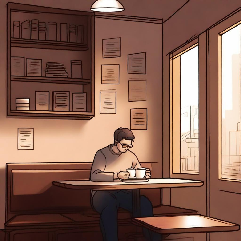 A person sitting alone in a cozy coffee shop, having a conversation with someone on their phone