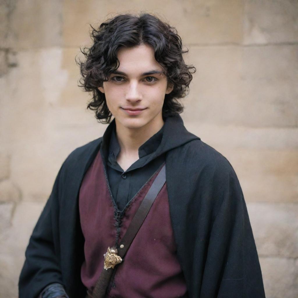 An 18-year-old boy with pointed nose, black wavy hair covering his neck, black eyes, and an evil mischievous smile with a straight scar on his lip. Dressed in a medieval adventurer attire, brandishing a magician's staff, with a sword fastened at his hip.