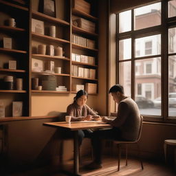 A person sitting alone in a cozy coffee shop, having a conversation with someone on their phone