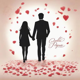 A romantic scene depicting first love where a boy and girl are holding hands, with rose petals falling around them