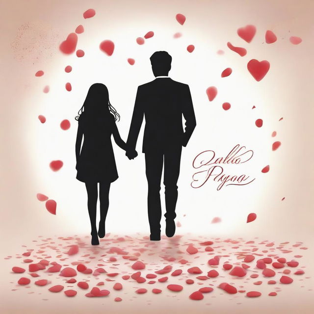 A romantic scene depicting first love where a boy and girl are holding hands, with rose petals falling around them