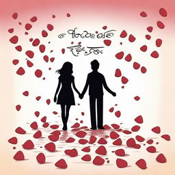 A romantic scene depicting first love where a boy and girl are holding hands, with rose petals falling around them