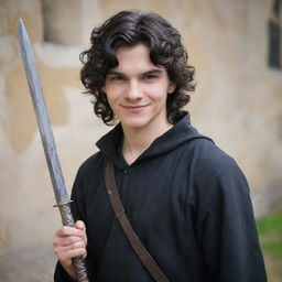 An 18-year-old boy with pointed nose, black wavy hair covering his neck, black eyes, and an evil mischievous smile with a straight scar on his lip. Dressed in a medieval adventurer attire, brandishing a magician's staff, with a sword fastened at his hip.