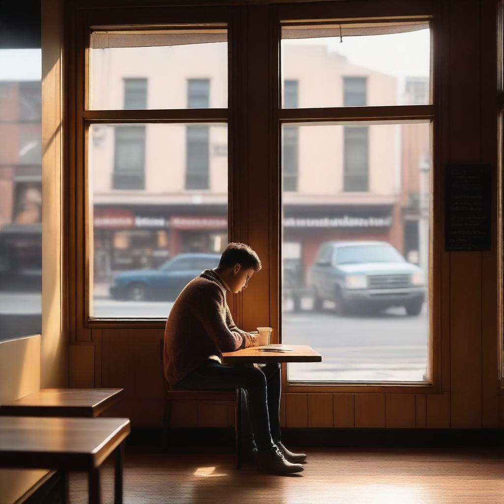 A serene coffee shop scene where a person is sitting alone at a table, deep in thought, writing a poem