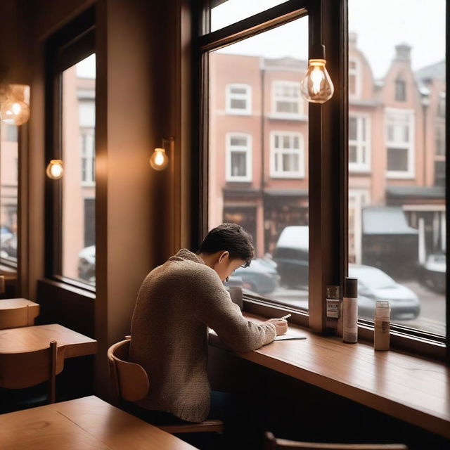 A serene coffee shop scene where a person is sitting alone at a table, deep in thought, writing a poem