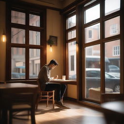 A serene coffee shop scene where a person is sitting alone at a table, deep in thought, writing a poem