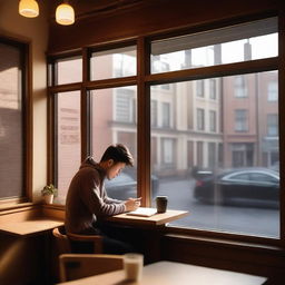 A serene coffee shop scene where a person is sitting alone at a table, deep in thought, writing a poem