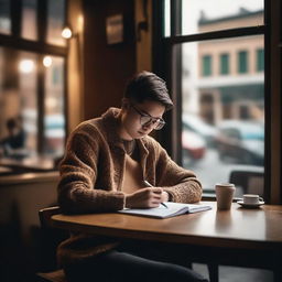 A cozy coffee shop scene with a person sitting at a table, writing a poem in a notebook