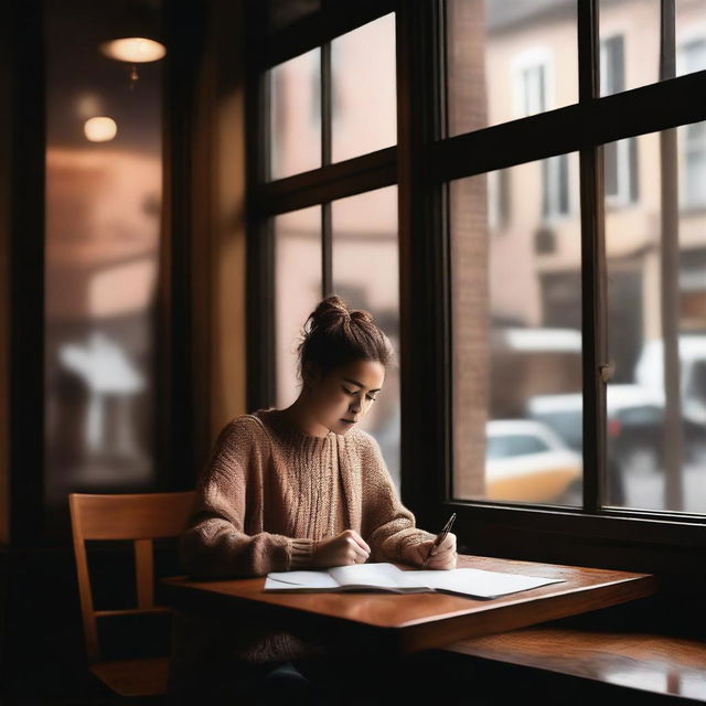 A cozy coffee shop scene with a person sitting at a table, writing a poem in a notebook