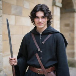 An 18-year-old boy with pointed nose, black wavy hair covering his neck, black eyes, and an evil mischievous smile with a straight scar on his lip. Dressed in a medieval adventurer attire, brandishing a magician's staff, with a sword fastened at his hip.