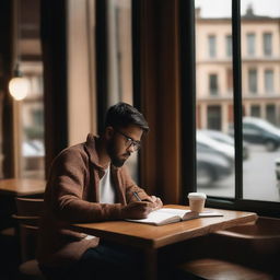 A cozy coffee shop scene with a person sitting at a table, writing a poem in a notebook