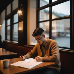 A cozy coffee shop scene with a person sitting at a table, writing a poem in a notebook