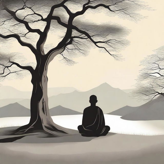 A serene and contemplative scene featuring a philosopher meditating under a tree, symbolizing stoicism