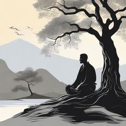 A serene and contemplative scene featuring a philosopher meditating under a tree, symbolizing stoicism