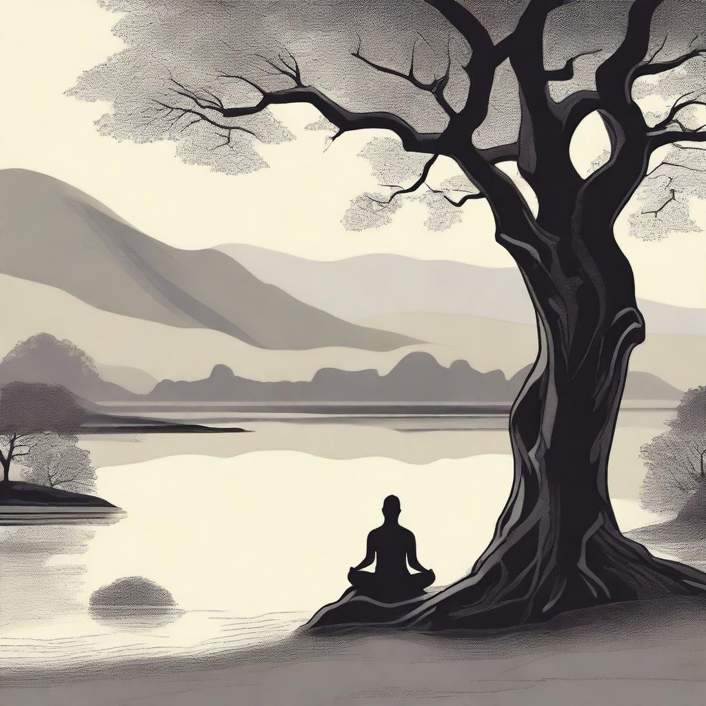 A serene and contemplative scene featuring a philosopher meditating under a tree, symbolizing stoicism