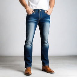 A stylish pair of blue jeans with detailed stitching and a modern fit, displayed on a plain background