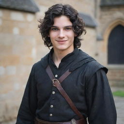 An 18-year-old boy with pointed nose, black wavy hair covering his neck, black eyes, and an evil mischievous smile with a straight scar on his lip. Dressed in a medieval adventurer attire, brandishing a magician's staff, with a sword fastened at his hip.