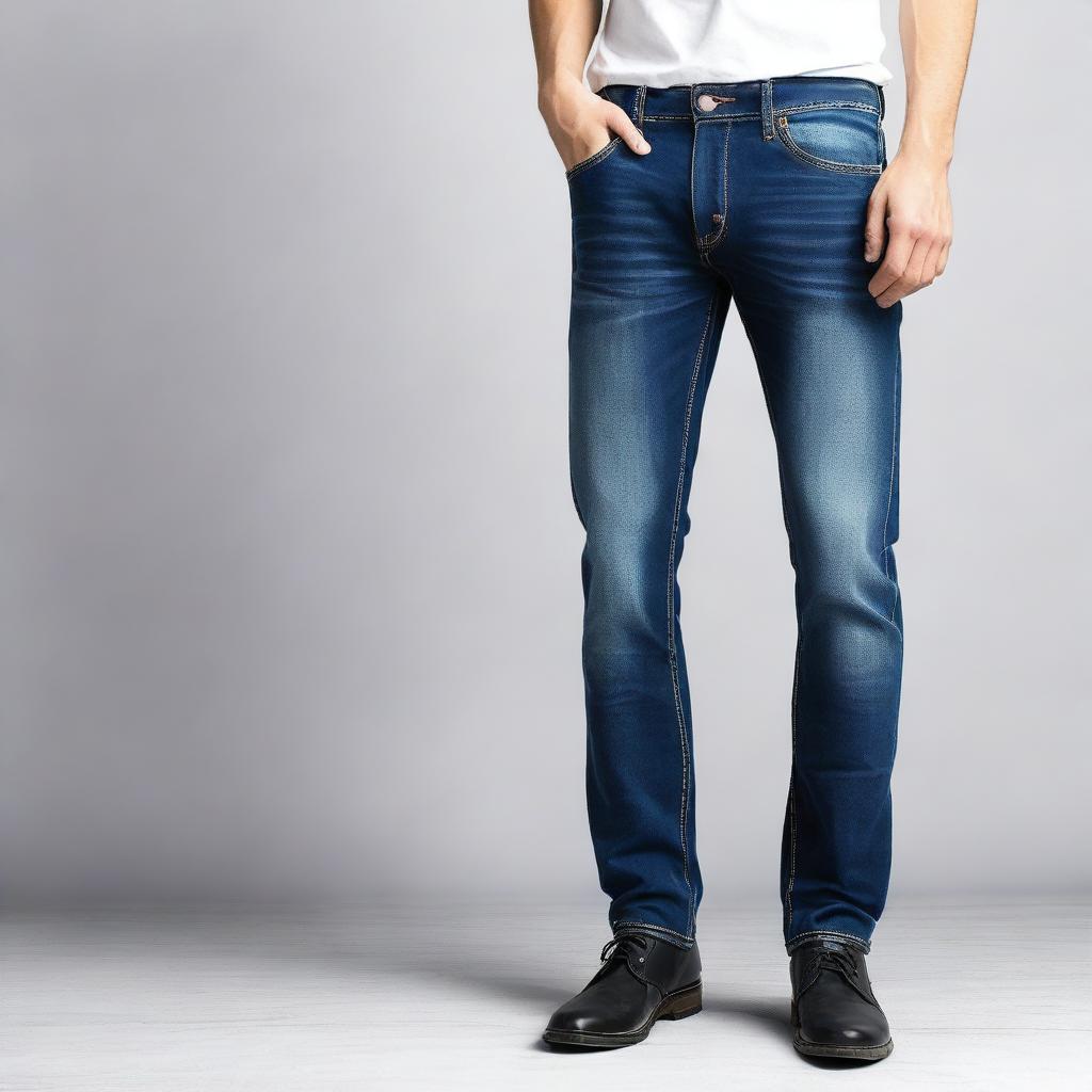 A stylish pair of blue jeans with detailed stitching and a modern fit, displayed on a plain background