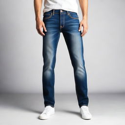 A stylish pair of blue jeans with detailed stitching and a modern fit, displayed on a plain background