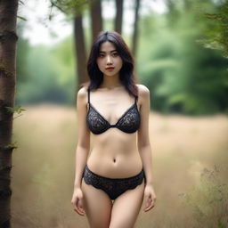 A person wearing sexy lingerie standing in a beautiful natural setting, such as a forest or a meadow