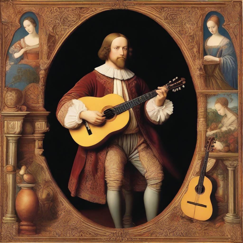 Create an image of a Renaissance man who is an extraordinary multi-instrumentalist