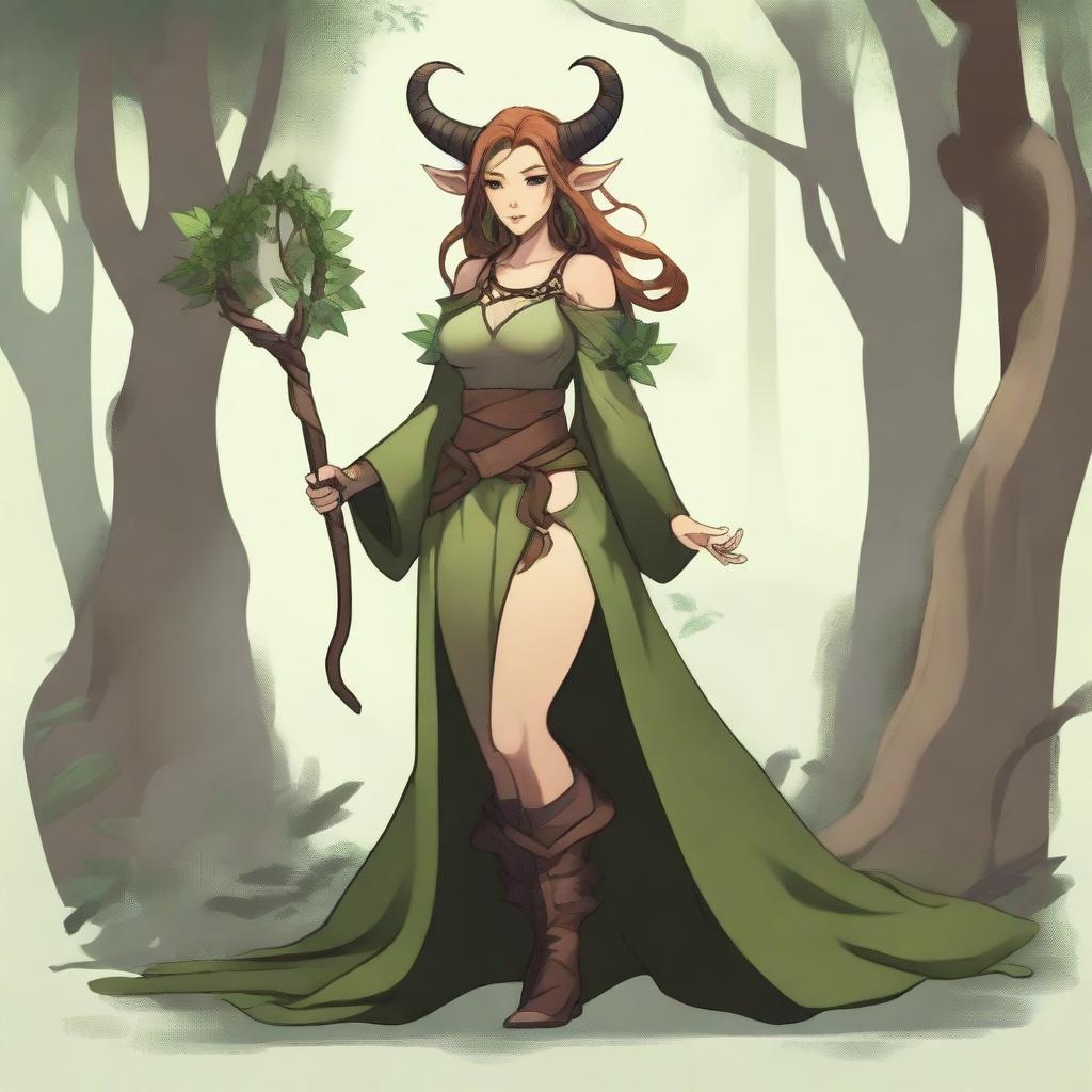 A full body image of a female tiefling druid with light brunette hair