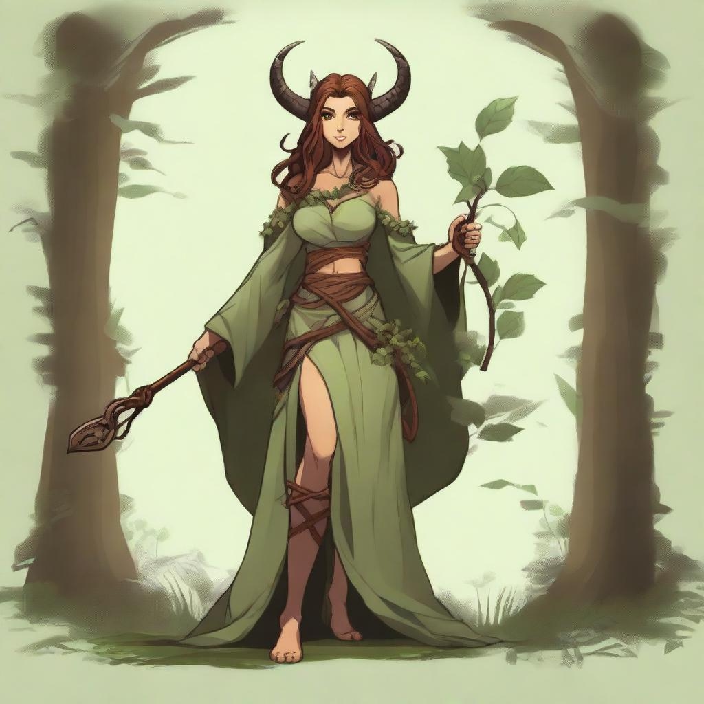 A full body image of a female tiefling druid with light brunette hair