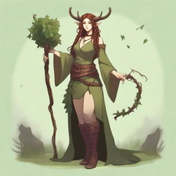 A full body image of a female tiefling druid with light brunette hair