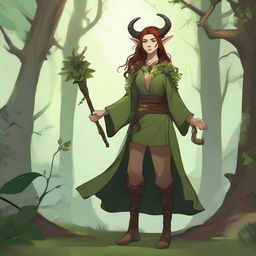 A full body image of a female tiefling druid with light brunette hair