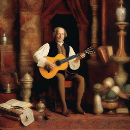 Create an image of a Renaissance man who is an extraordinary multi-instrumentalist