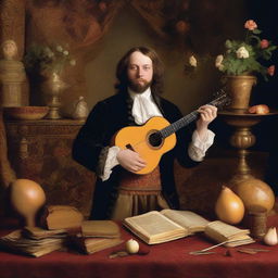 Create an image of a Renaissance man who is an extraordinary multi-instrumentalist