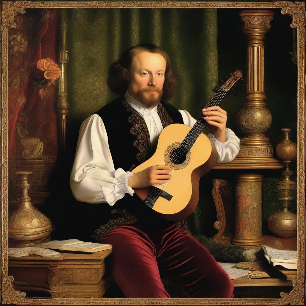 Create an image of a Renaissance man who is an extraordinary multi-instrumentalist