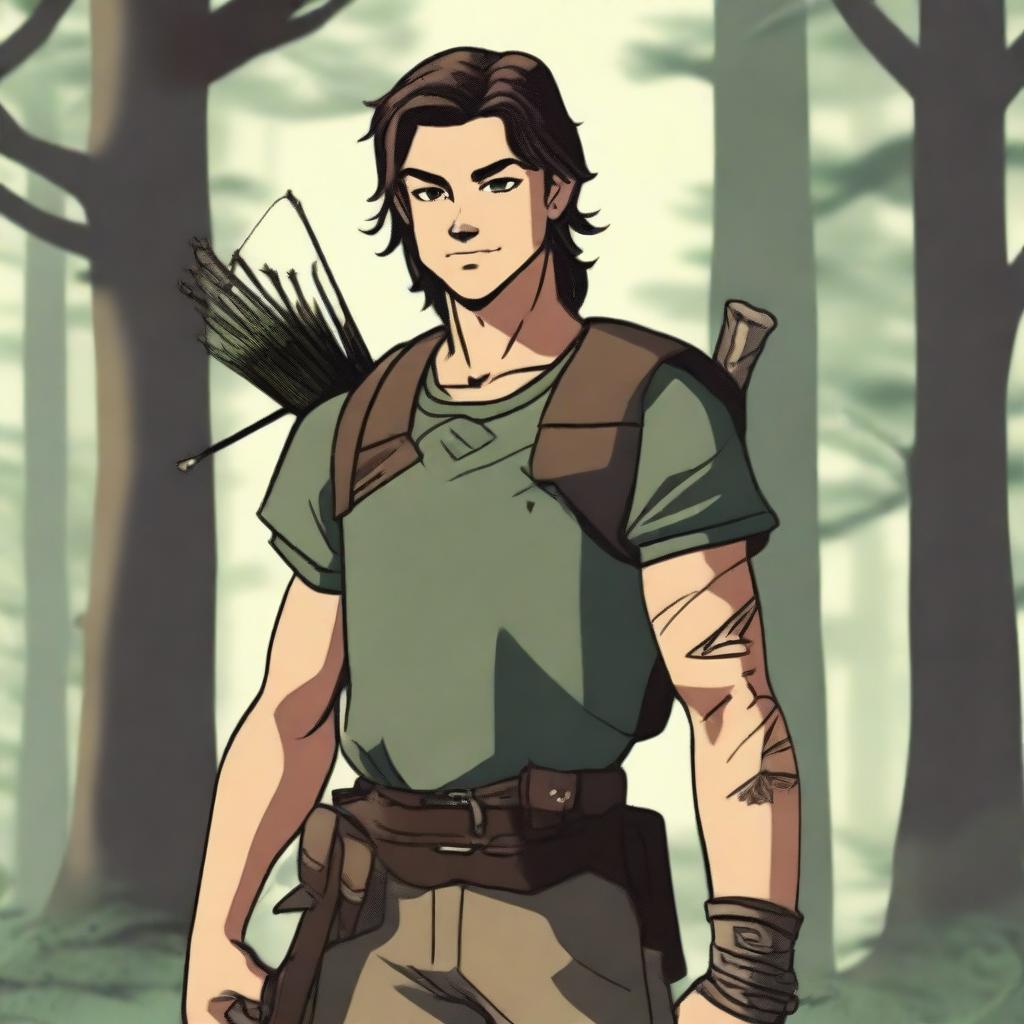 A 19-year-old human male ranger standing in the woods