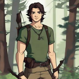 A 19-year-old human male ranger standing in the woods