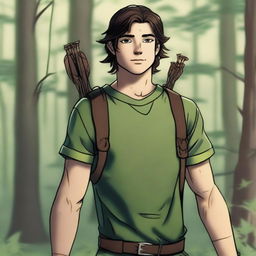 A 19-year-old human male ranger standing in the woods