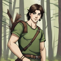 A 19-year-old human male ranger standing in the woods