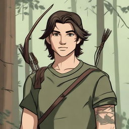 A 19-year-old human male ranger standing in the woods