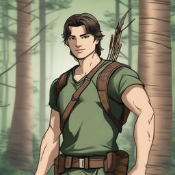 A 19-year-old human male ranger standing in the woods