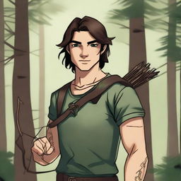 A 19-year-old human male ranger standing in the woods