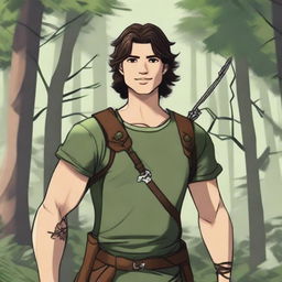 A 19-year-old human male ranger standing in the woods