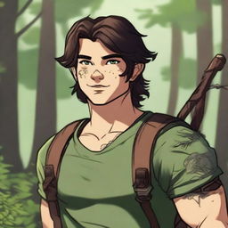 A 19-year-old human male ranger in the woods, with dark brown mid-length hair and green eyes